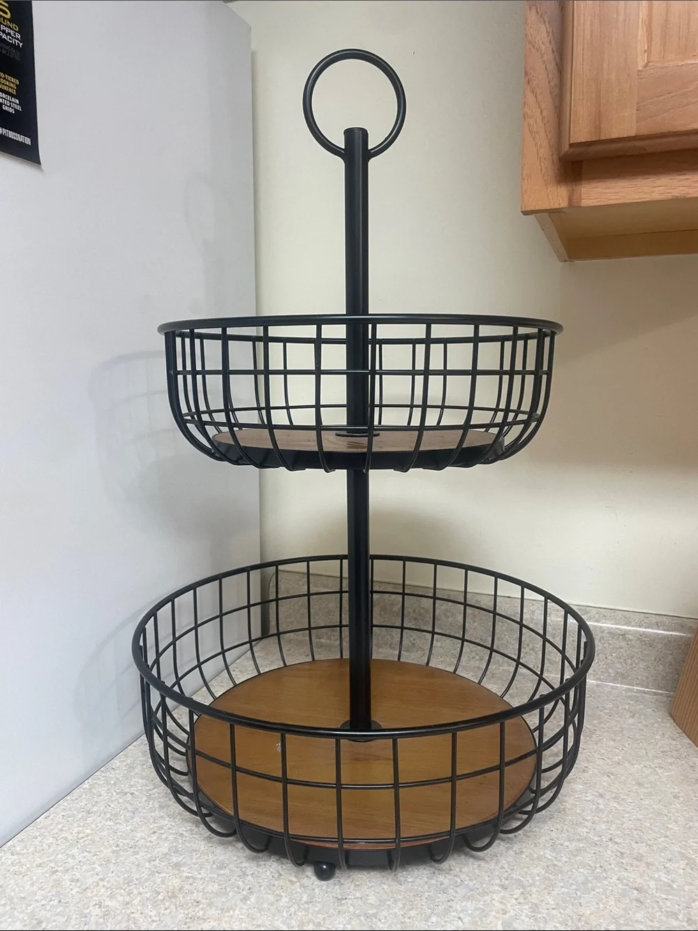 Two-Tier Black Metal and Wood Serving Stand by